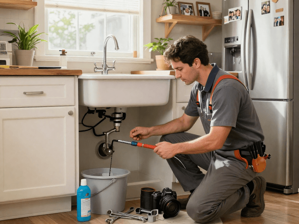 Drain cleaning Fort Worth expert unclogging a kitchen sink with professional tools in a cozy home setting