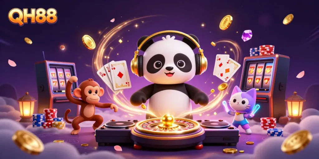Experience the excitement of QH88 with dynamic casino characters and vibrant gaming elements.