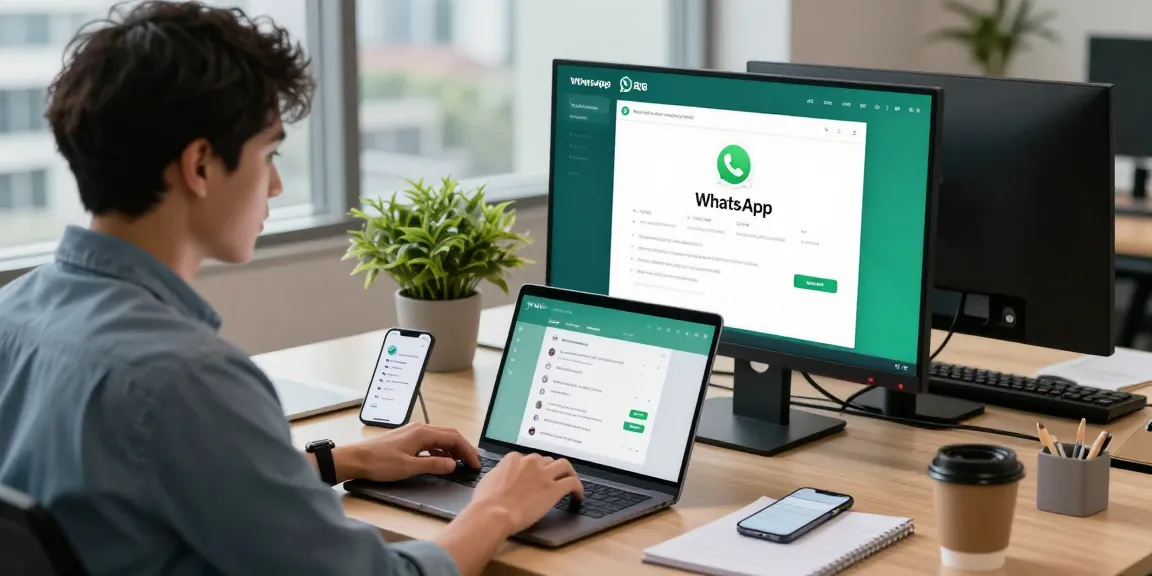 Professional using WhatsApp網頁版 on laptop in modern workspace with city view.