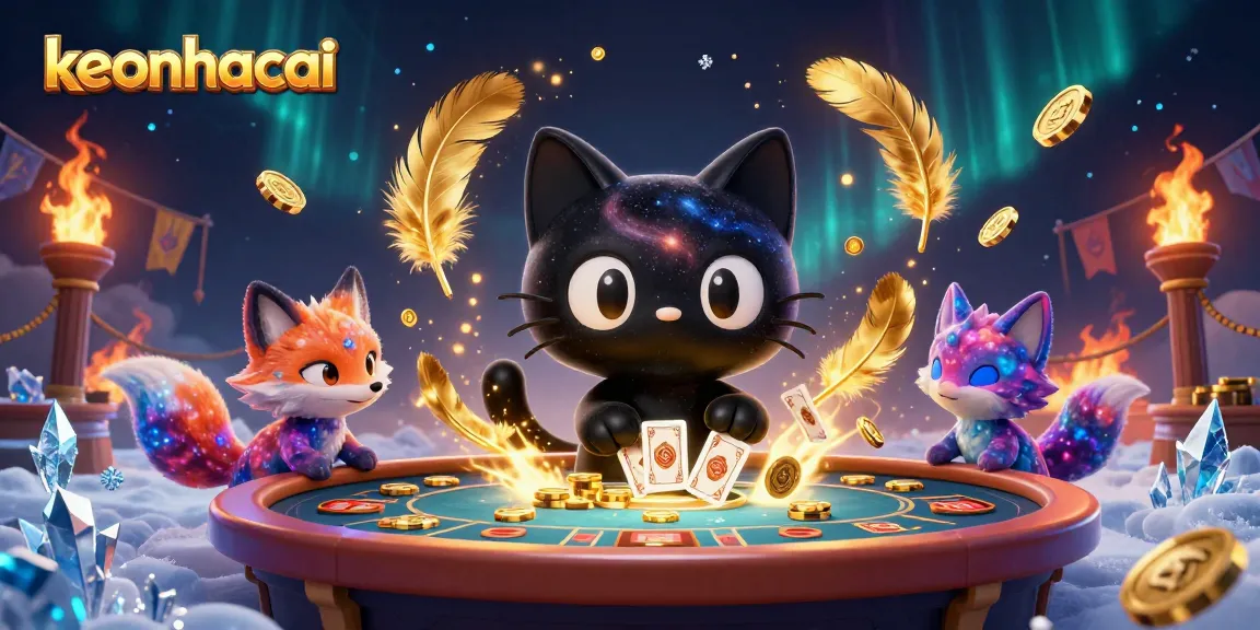 Engage with keonhacai at a cosmic casino, where the black hole cat draws in winning chips and cards.