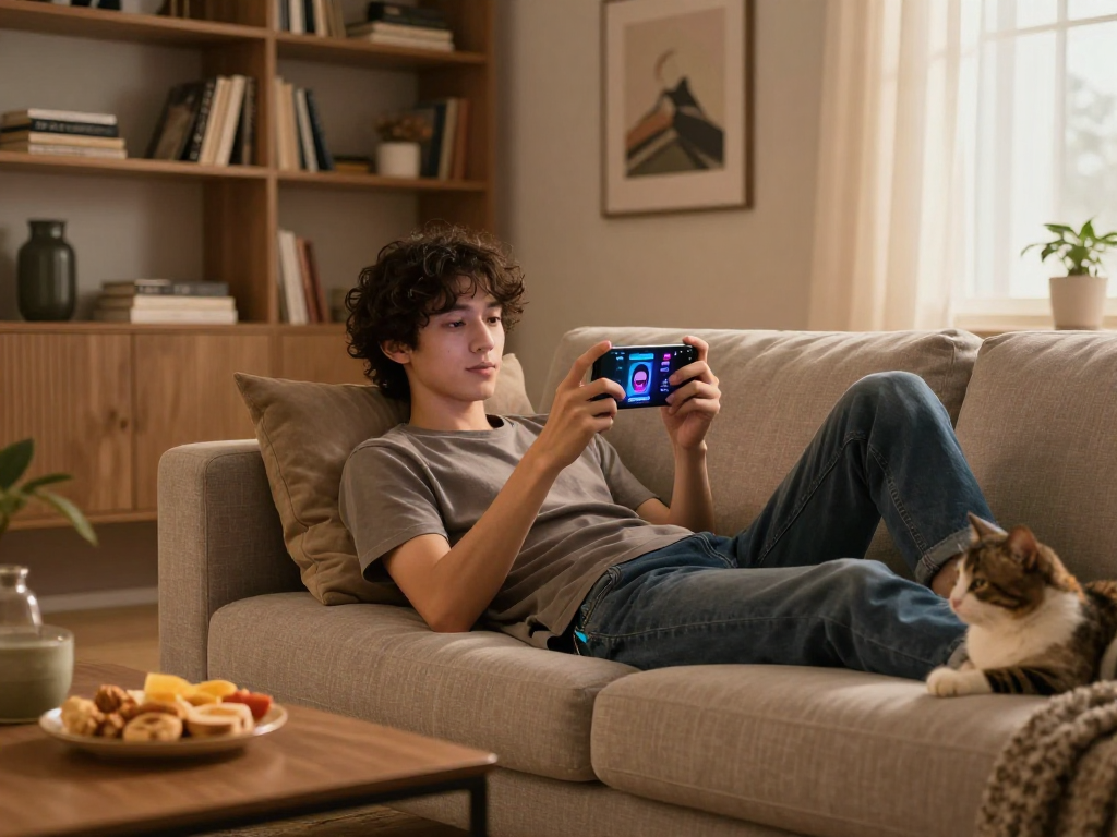 Engaging mobile porn game experience with player immersed in cozy living room setting.