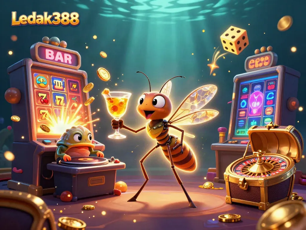 Experience thrilling moments with Ledak388’s dynamic 3D casino scene showcasing vibrant games and characters.