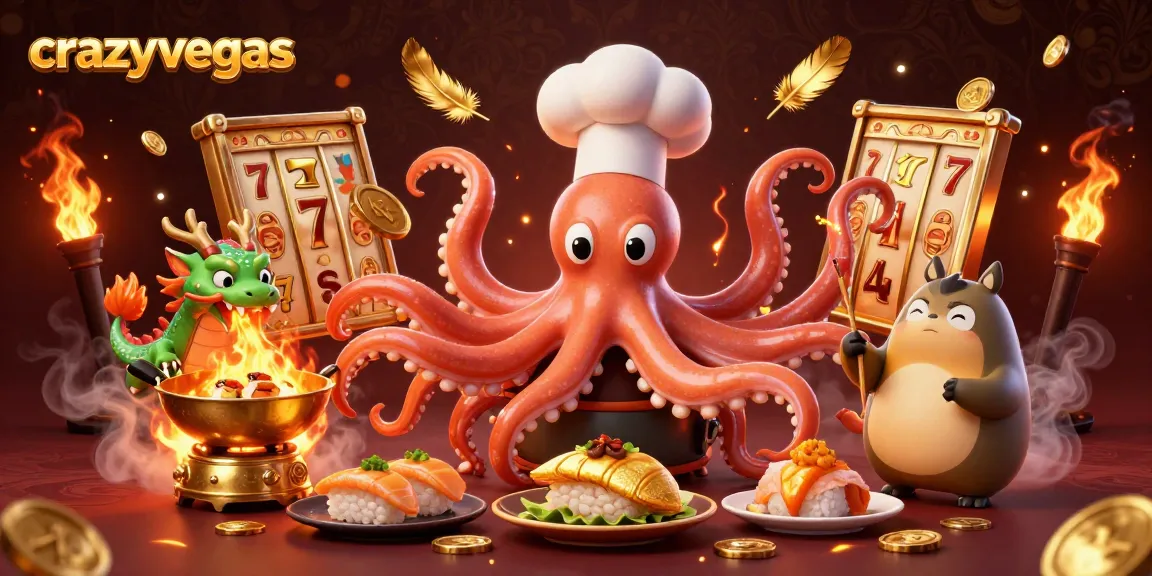 Experience the excitement of crazyvegas with an octopus chef, dragon, and tanuki amidst casino slots and gold.