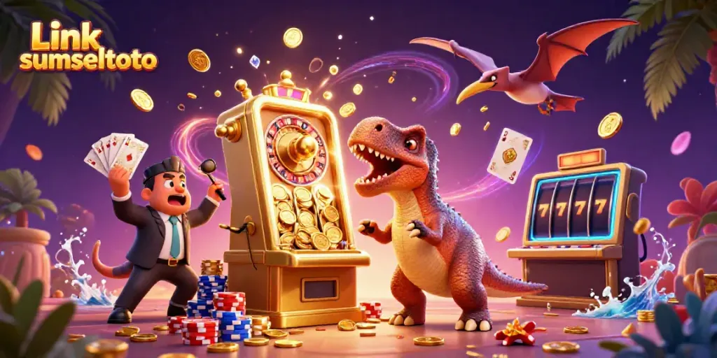 Experience thrilling wins with Link sumseltoto as a pachycephalosaurus interacts with a jackpot slot machine.
