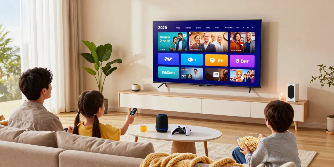 Family enjoying a movie night with a smart TV 2026 showcasing vibrant colors in a cozy living room.
