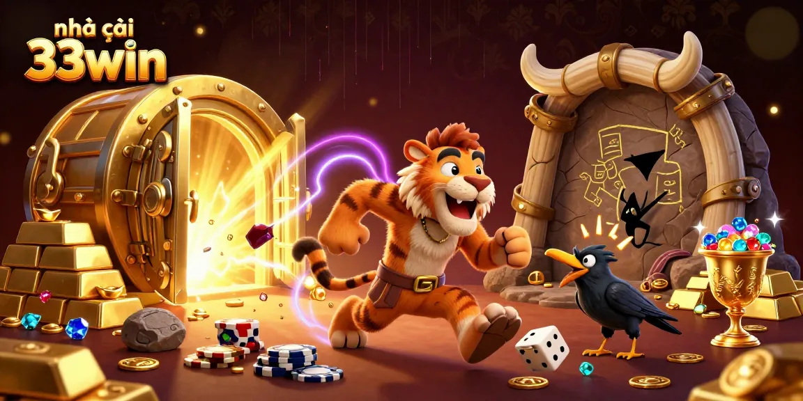 Exciting gameplay at nhà cái 33win with dynamic treasure and engaging characters in a vivid illustration.