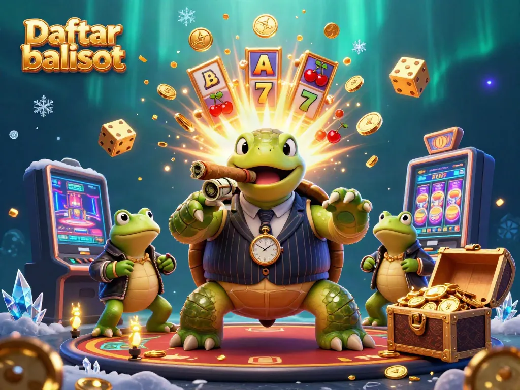 Experience exhilarating gaming with Daftar balisot as the iconic turtle and enforcers celebrate a slot jackpot.