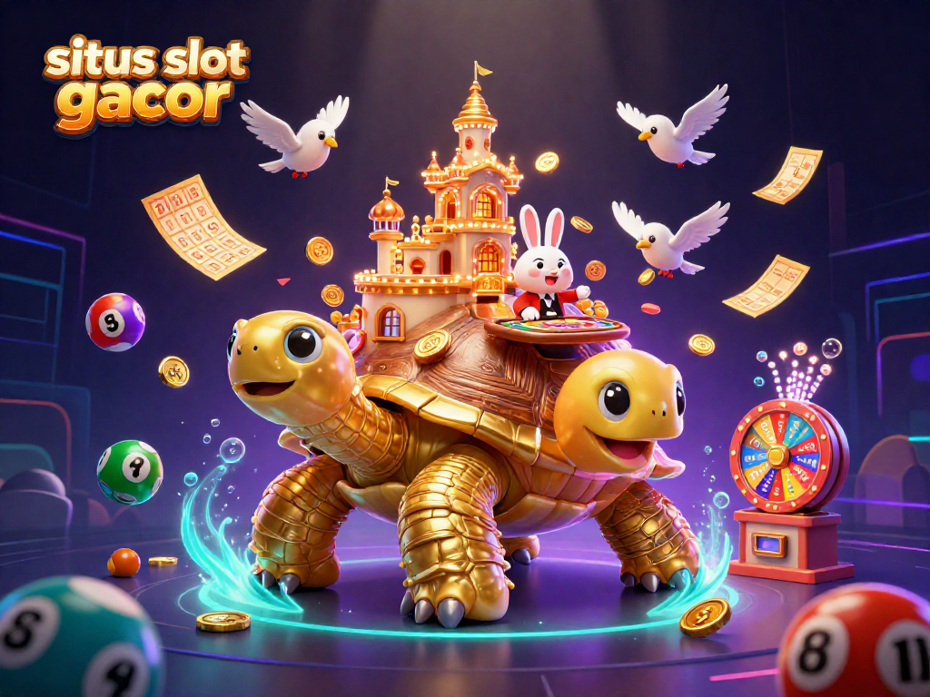 Engage with the exhilarating world of situs slot gacor, featuring a vibrant casino scene with a golden tortoise and lively elements.