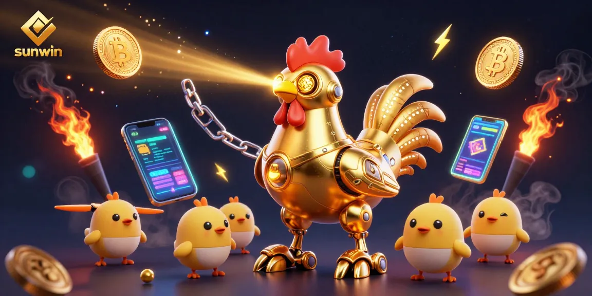 Experience sunwin gaming excitement with an energetic 3D scene featuring a golden rooster robot and crypto elements.