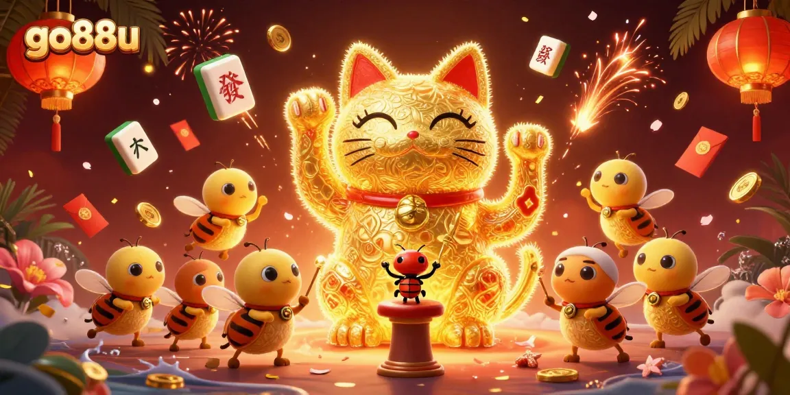 Experience the thrill at go88u with a giant lucky cat surrounded by vibrant casino symbols.