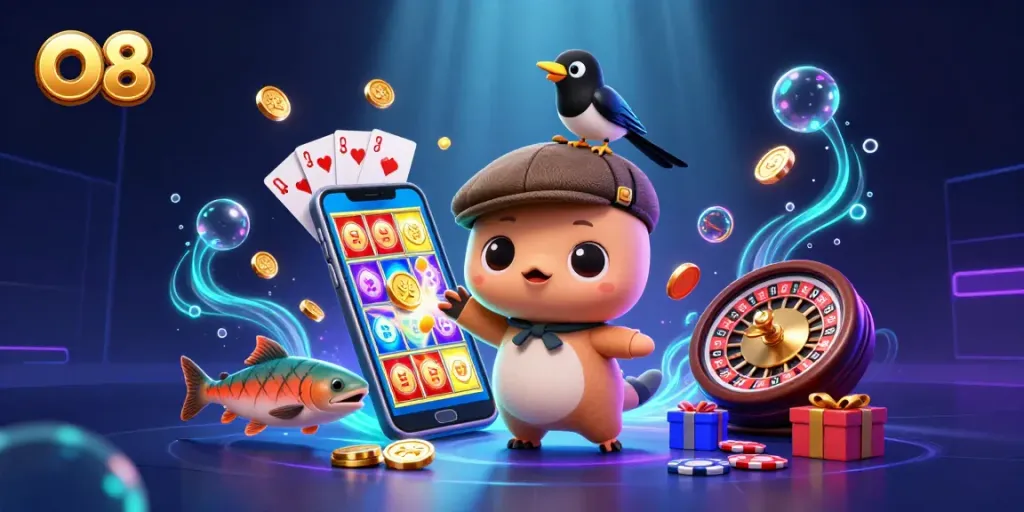 Spin slots with O8 featuring Nessie, a magpie, and salmon in vivid 3D action.
