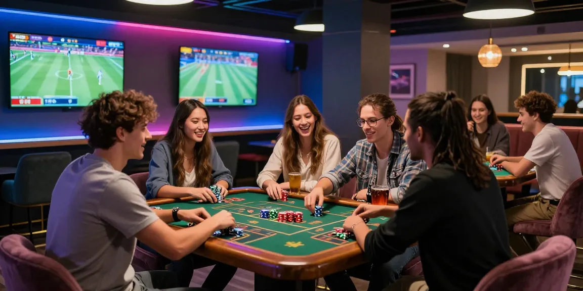 Engaging gaming lounge scene showcasing 토토사이트 검증 먹튀스팟 with friends placing bets on live sports.