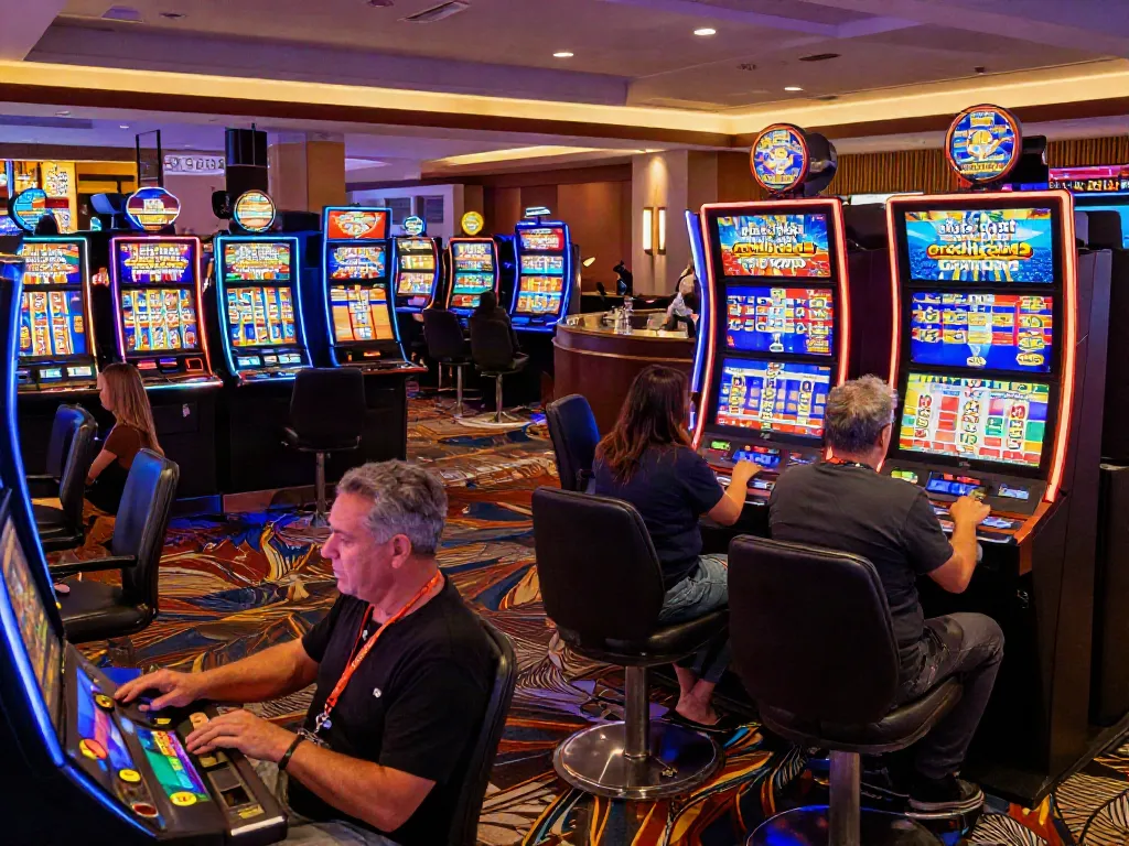 Exciting slot gaming scene showcasing players at vibrant machines that accept credit cards in a lively casino atmosphere.