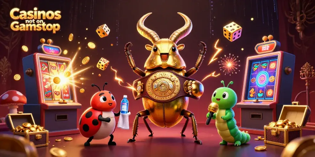 Engage with Casinos not on Gamstop in this vibrant 3D illustration showcasing exciting game elements and characters.