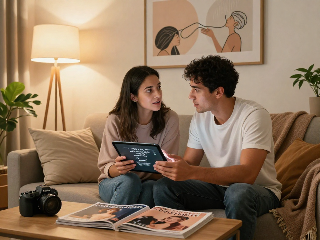 Couple exploring sex AI content on a tablet in a cozy relationship setting, emphasizing intimacy and communication.
