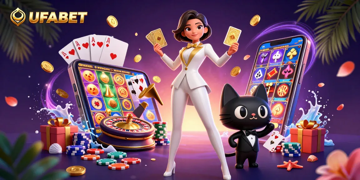 Experience immersive gaming at UFABET with fun slot games and poker action in a vibrant illustration.