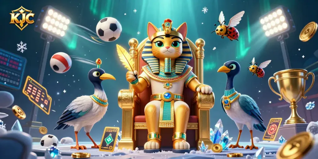 KJC engages players in a vibrant casino scene featuring 3D Egyptian characters and dynamic sports elements.