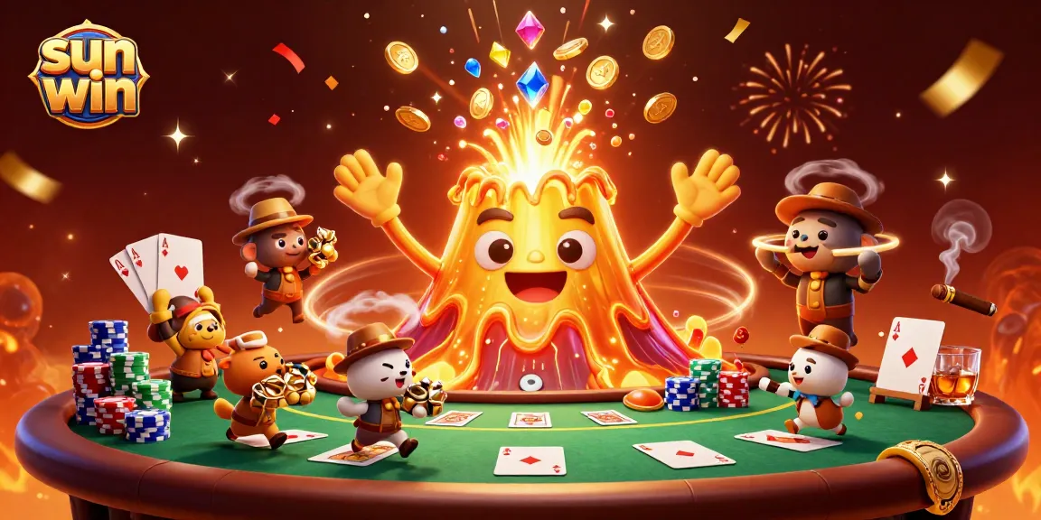 Engage in thrilling gameplay with sun win as a golden volcano erupts coins, trophies, and poker chips.