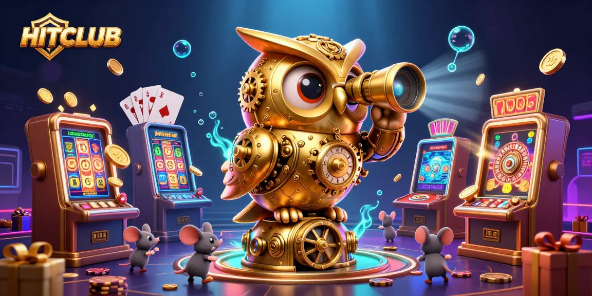 Spin into the HITCLUB fun with vibrant slot machines and a magical clockwork owl lighting up the gaming floor.