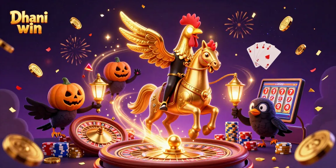 Dhani win bursts with excitement as a golden rooster and companions illuminate a casino scene filled with jackpots.