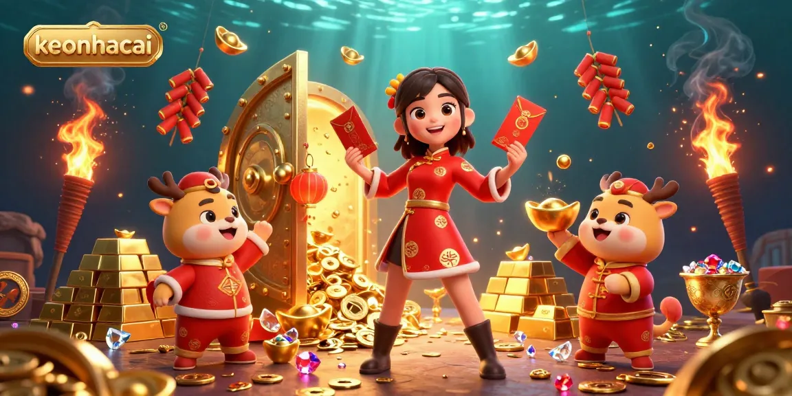 Bet on keonhacai with a festive 3D illustration of a woman and zodiac alongside gold treasures.