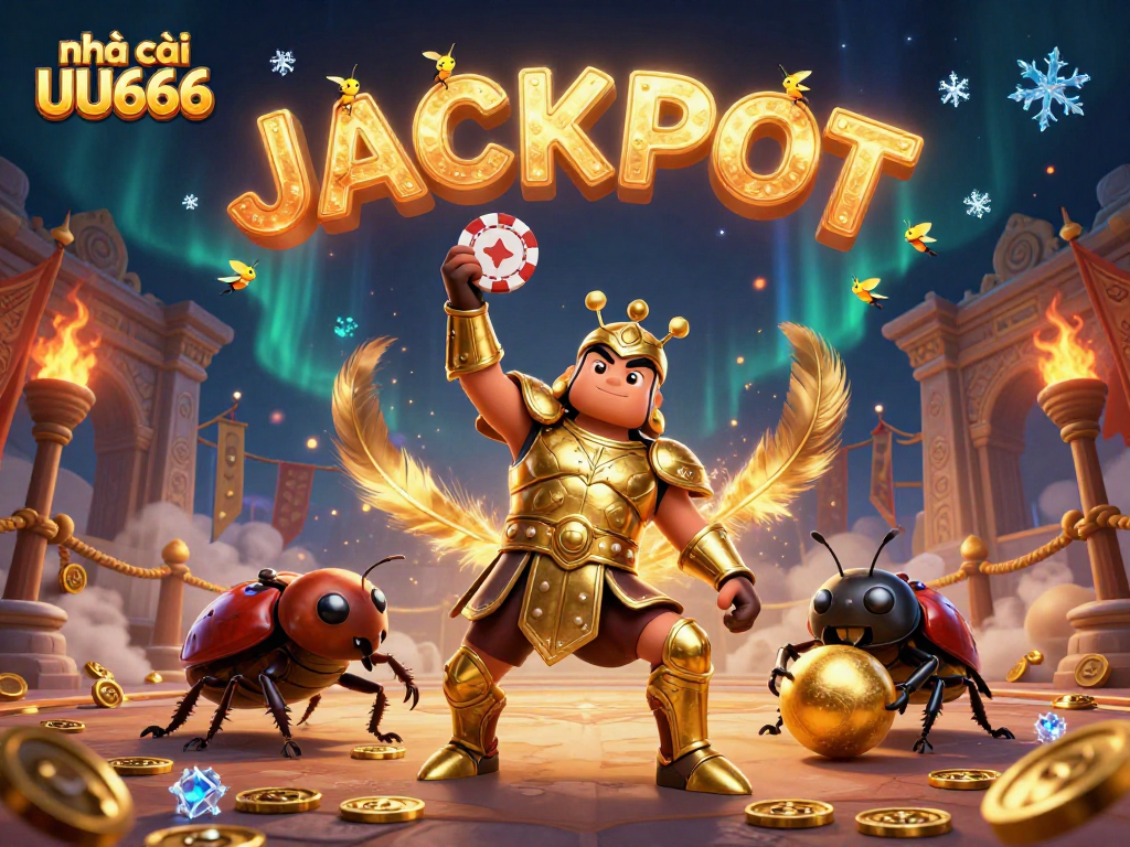 Experience excitement at nhà cái UU666 with a victorious hercules beetle lifting a winning poker chip.