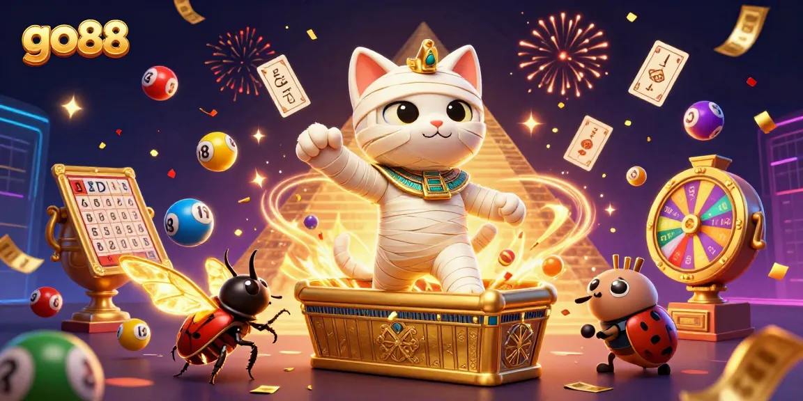 Experience the thrill of go88 with a vibrant casino scene featuring a mummy cat and dynamic game elements.