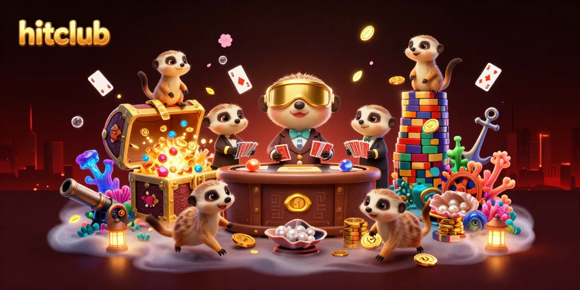 Hitclub meerkats run a vibrant casino operation surrounded by treasures and glowing elements