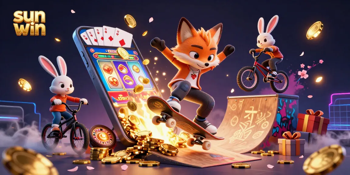 Experience thrilling gameplay at sun win with vibrant illustrations of gaming action and casino symbols.